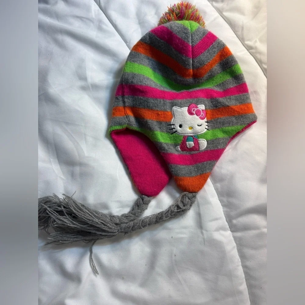 Hello Kitty by Sanrio Beanie Hat with Pom Tassels 2013 Girls Knit Embroidered
